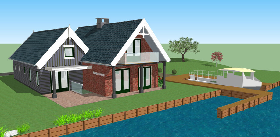 zo zijn we gestart met het ontwerp: aanzicht waterzijde met insteekhaven voor fluisterboot